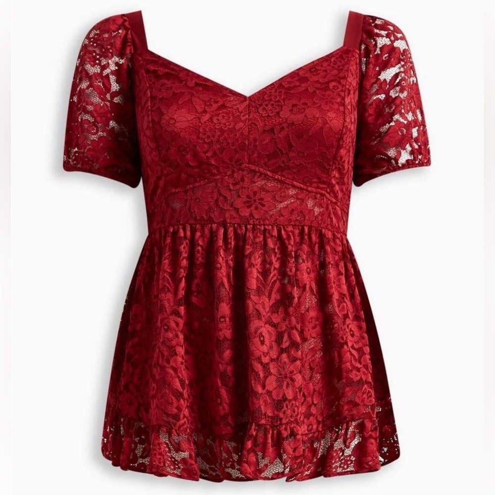 Torrid Red Crochet Lace Babydoll Top Sz 1 Puff Sleeves Whimsigoth Romantic Sheer